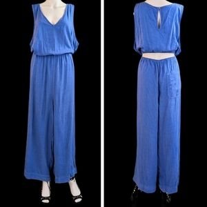 Universal Thread Cobalt Blue Linen/Rayon Blend Peek-a-boo Back Casual Jumpsuit